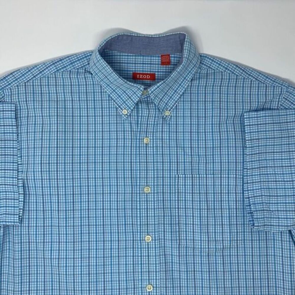 IZOD Saltwater Teal Blue Checkered Button Up Men's Short Sleeve Shirt Size Large